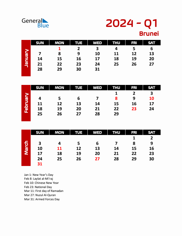 Q1 2024 Calendar with Holidays in Brunei