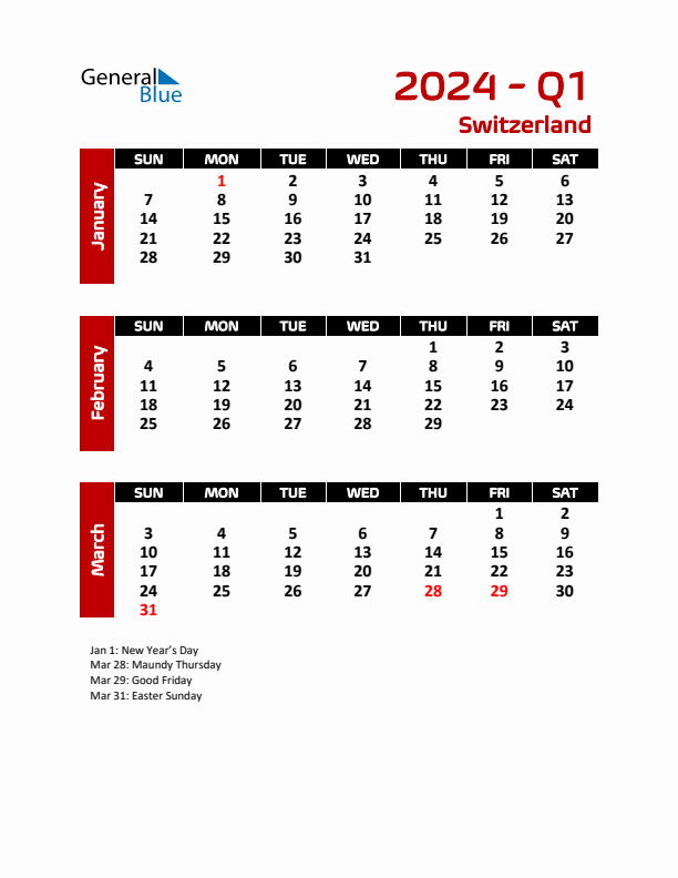 Q1 2024 Calendar with Holidays in Switzerland