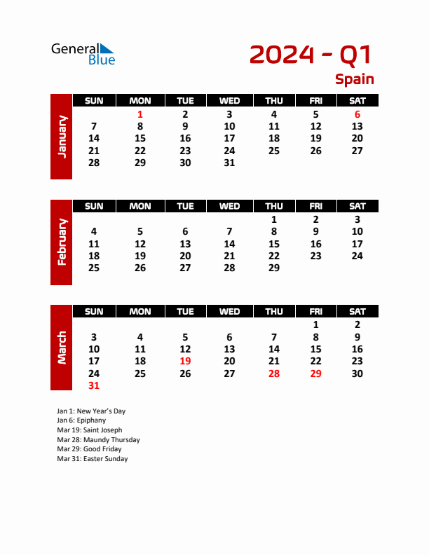 Q1 2024 Calendar with Holidays in Spain