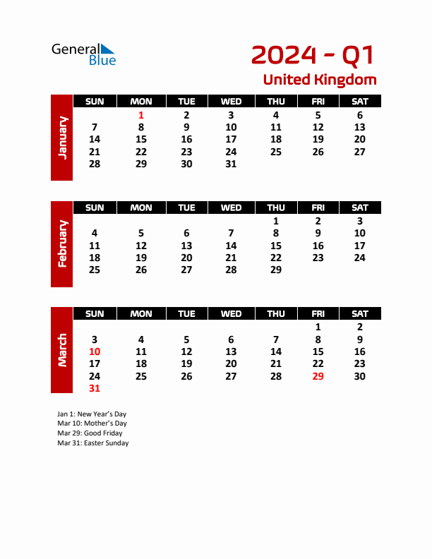 Q1 2024 Calendar with Holidays in United Kingdom