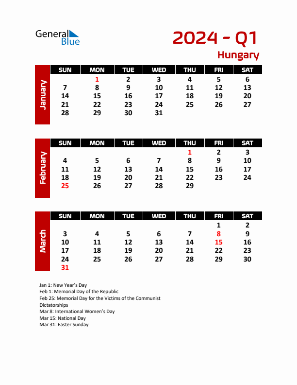 Q1 2024 Calendar with Holidays in Hungary