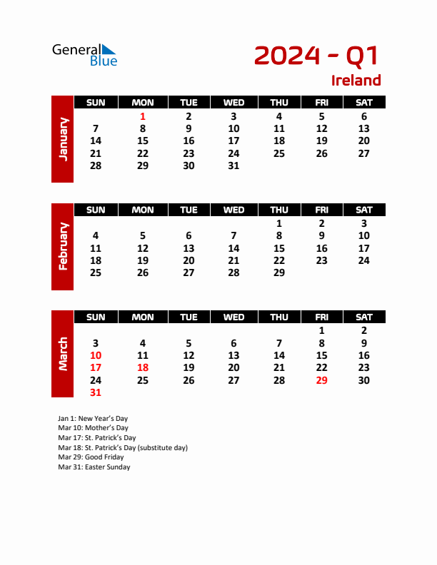 Q1 2024 Calendar with Holidays in Ireland