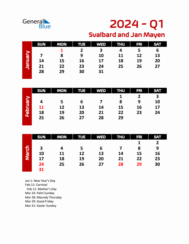 Q1 2024 Calendar with Holidays in Svalbard and Jan Mayen