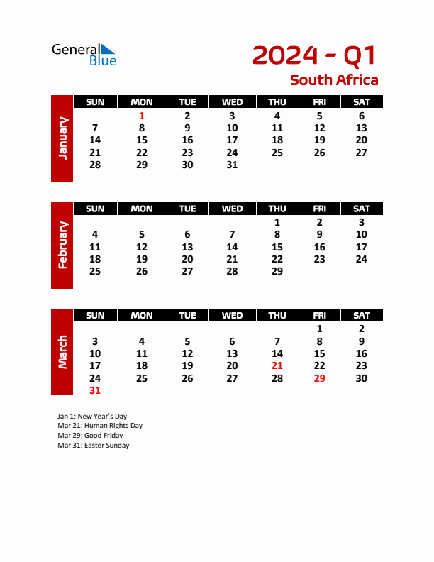 Q1 2024 Calendar with Holidays in South Africa