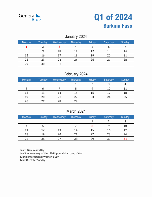 Burkina Faso Q1 2024 Quarterly Calendar with Monday Start