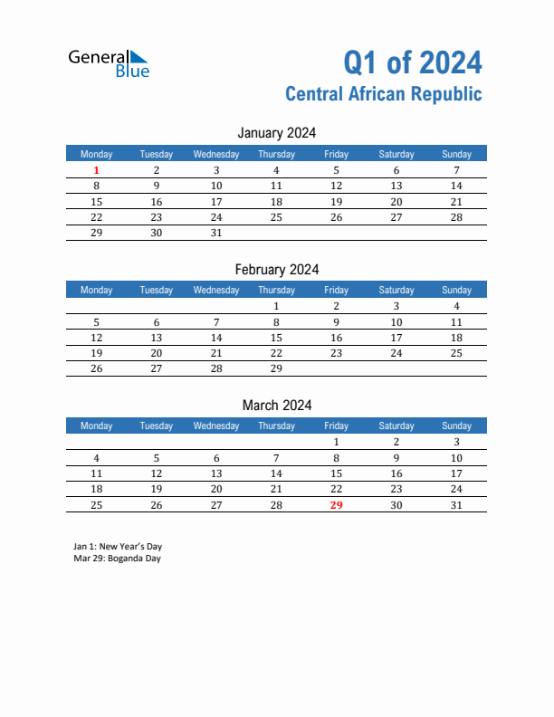 Central African Republic Q1 2024 Quarterly Calendar with Monday Start