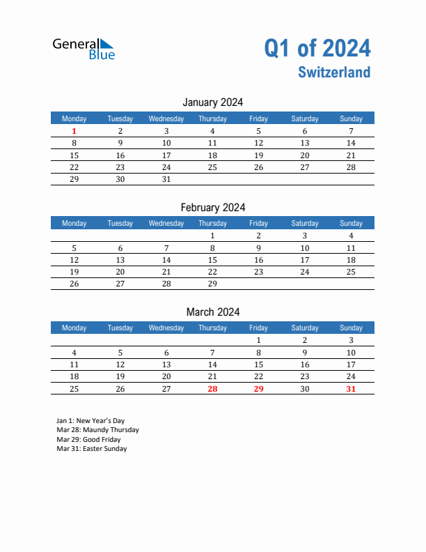 Switzerland Q1 2024 Quarterly Calendar with Monday Start