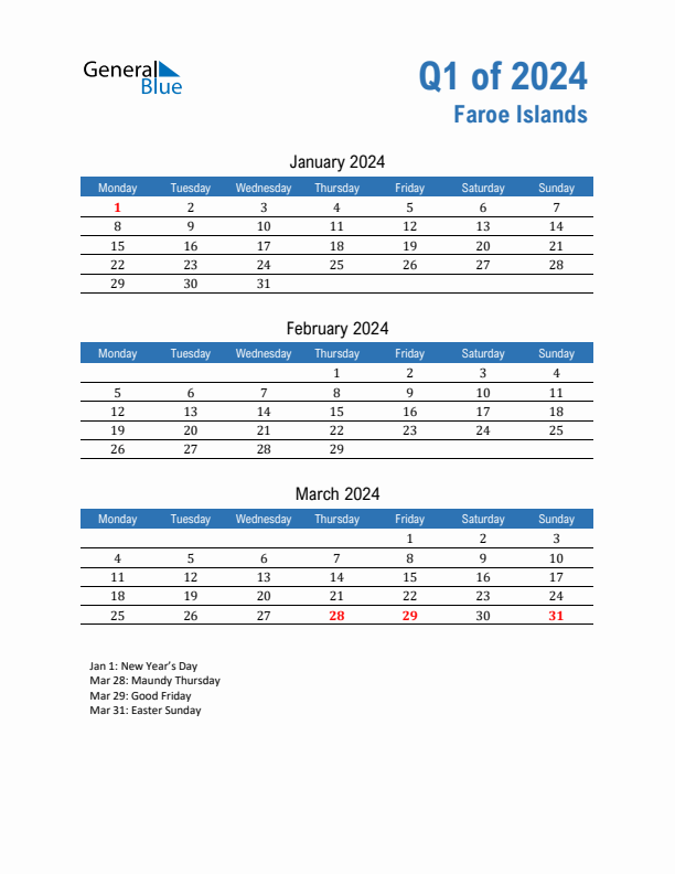 Faroe Islands Q1 2024 Quarterly Calendar with Monday Start