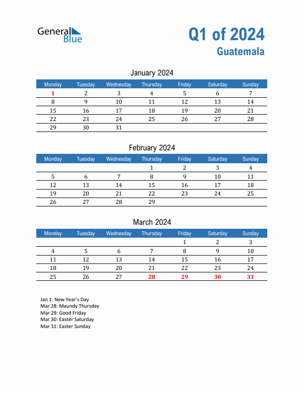 Guatemala Q1 2024 Quarterly Calendar with Monday Start