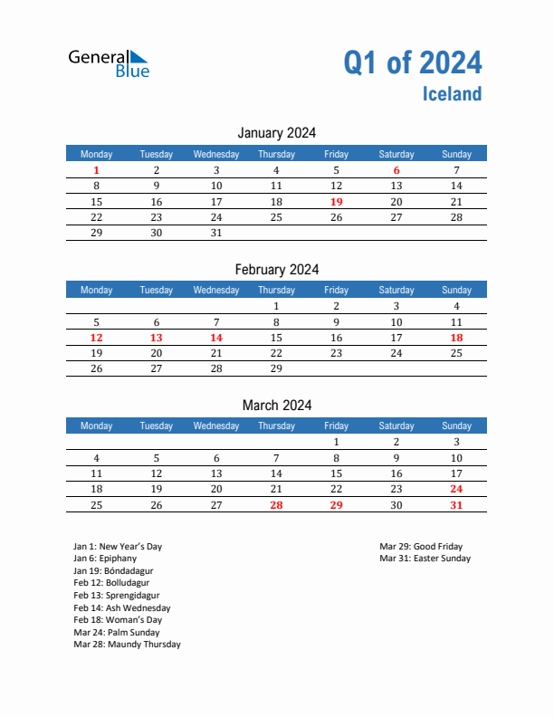 Iceland Q1 2024 Quarterly Calendar with Monday Start