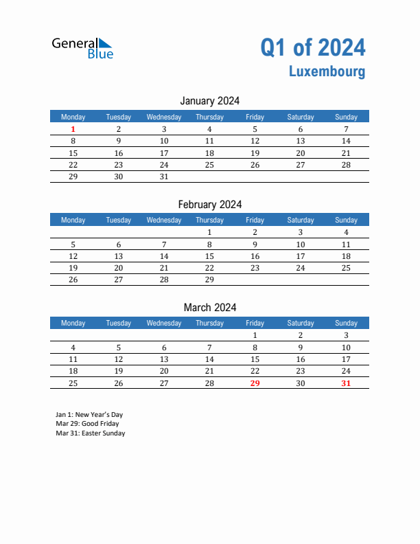 Luxembourg Q1 2024 Quarterly Calendar with Monday Start