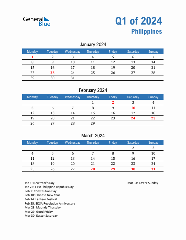 Philippines Q1 2024 Quarterly Calendar with Monday Start