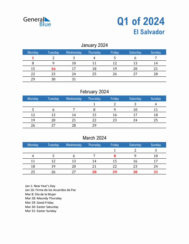 El Salvador Q1 2024 Quarterly Calendar with Monday Start