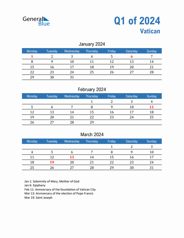 Vatican Q1 2024 Quarterly Calendar with Monday Start