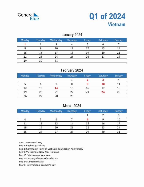 Vietnam Q1 2024 Quarterly Calendar with Monday Start