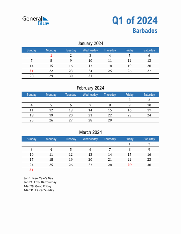 Barbados Q1 2024 Quarterly Calendar with Sunday Start