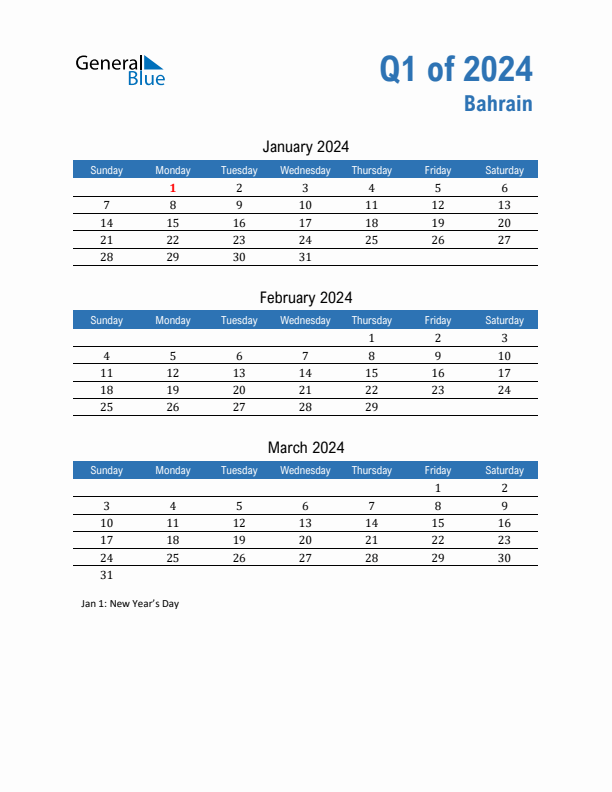 Bahrain Q1 2024 Quarterly Calendar with Sunday Start