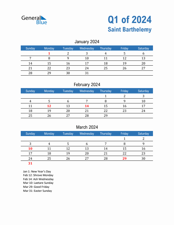 Saint Barthelemy Q1 2024 Quarterly Calendar with Sunday Start