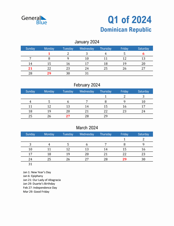 Dominican Republic Q1 2024 Quarterly Calendar with Sunday Start