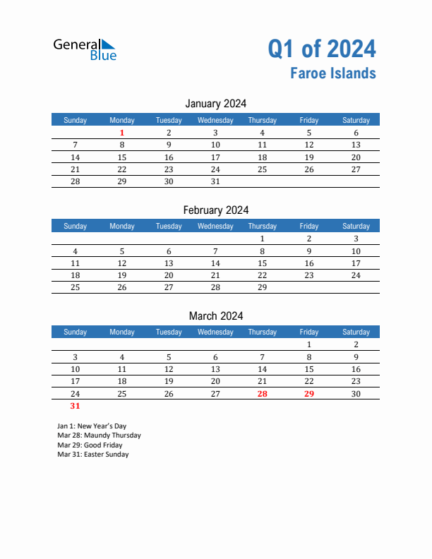 Faroe Islands Q1 2024 Quarterly Calendar with Sunday Start