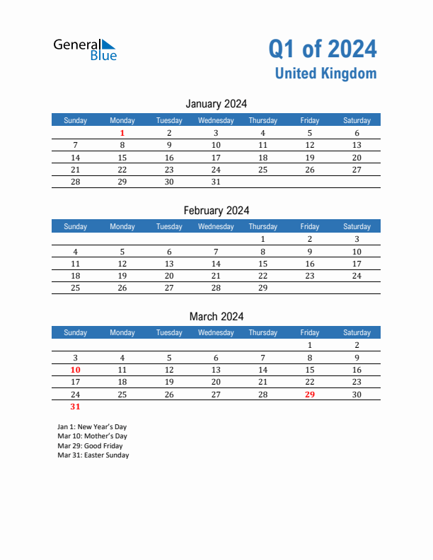 United Kingdom Q1 2024 Quarterly Calendar with Sunday Start