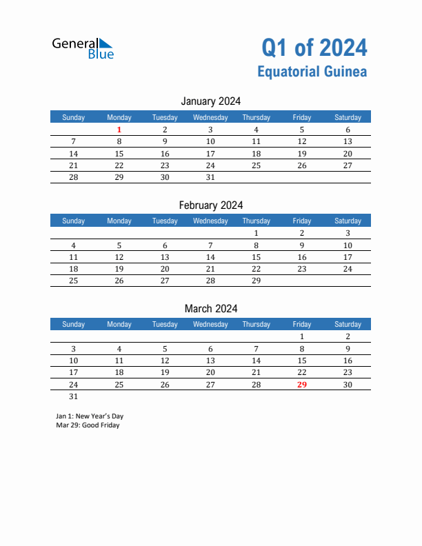 Equatorial Guinea Q1 2024 Quarterly Calendar with Sunday Start