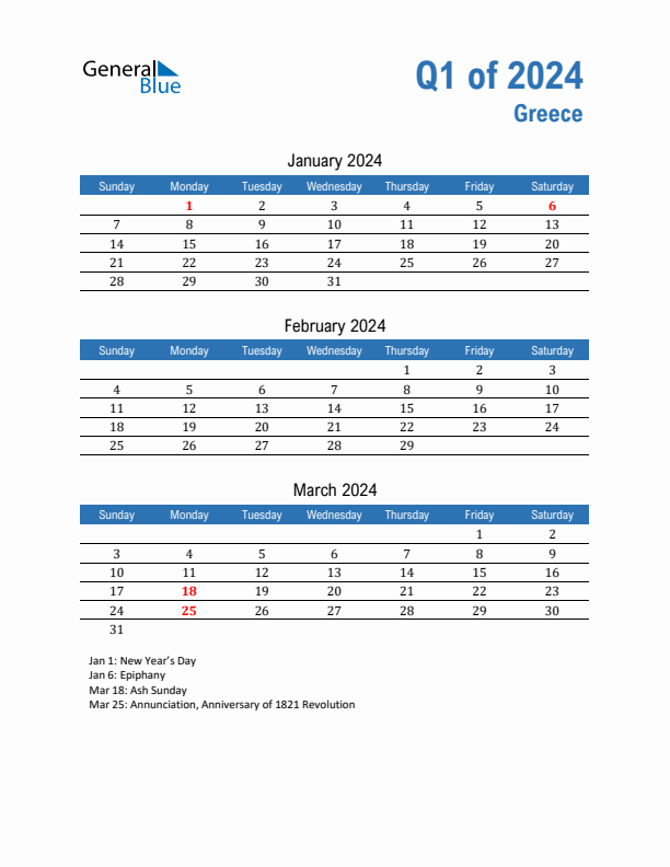 Greece Q1 2024 Quarterly Calendar with Sunday Start