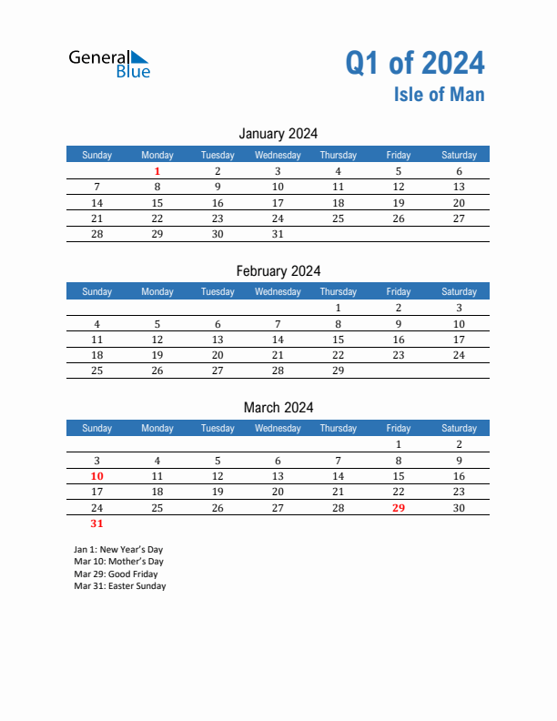 Isle of Man Q1 2024 Quarterly Calendar with Sunday Start