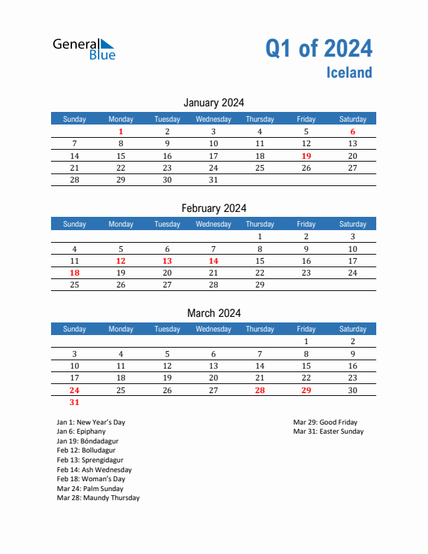 Iceland Q1 2024 Quarterly Calendar with Sunday Start