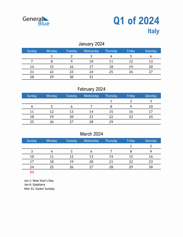 Italy Q1 2024 Quarterly Calendar with Sunday Start