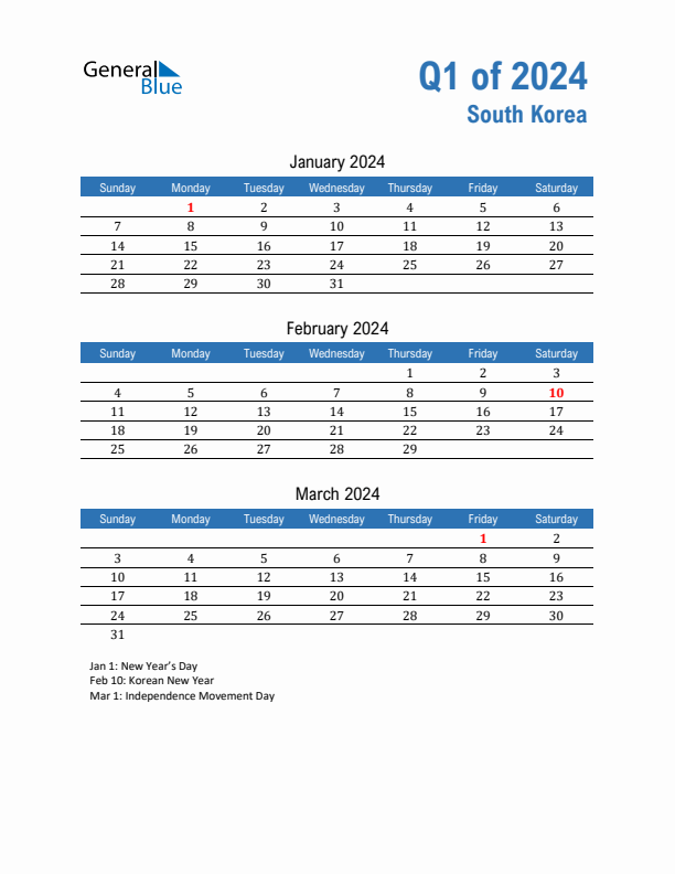 South Korea Q1 2024 Quarterly Calendar with Sunday Start