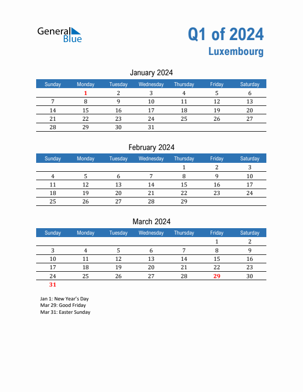 Luxembourg Q1 2024 Quarterly Calendar with Sunday Start