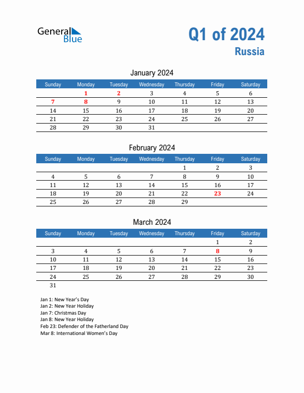 Russia Q1 2024 Quarterly Calendar with Sunday Start