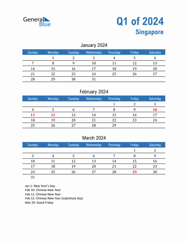 Singapore Q1 2024 Quarterly Calendar with Sunday Start