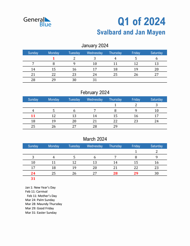 Svalbard and Jan Mayen Q1 2024 Quarterly Calendar with Sunday Start