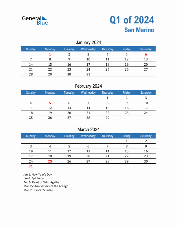 San Marino Q1 2024 Quarterly Calendar with Sunday Start