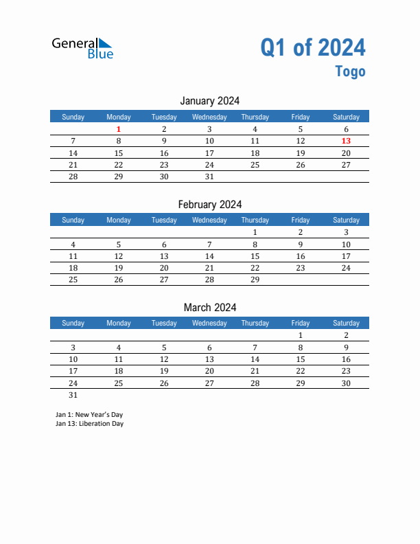 Togo Q1 2024 Quarterly Calendar with Sunday Start