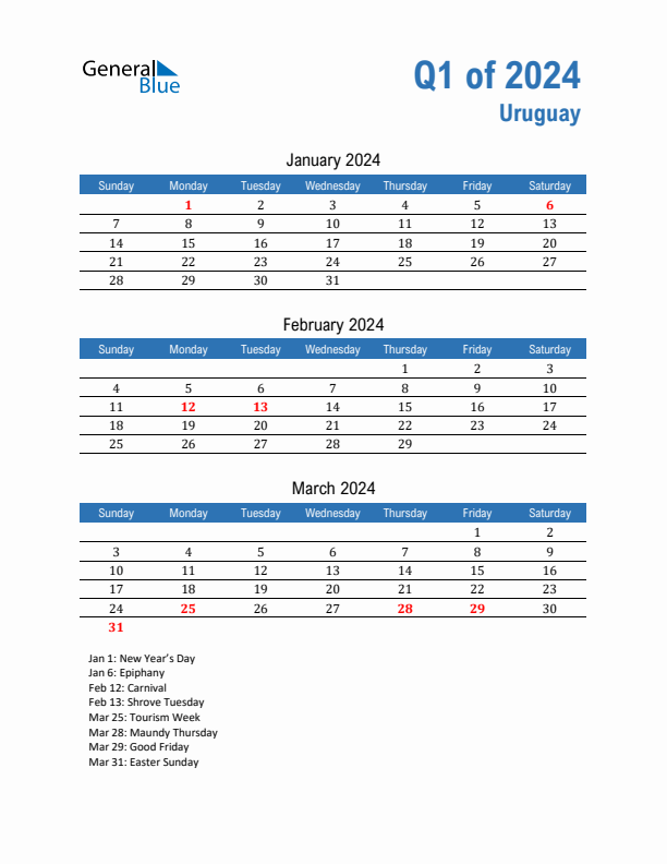 Uruguay Q1 2024 Quarterly Calendar with Sunday Start