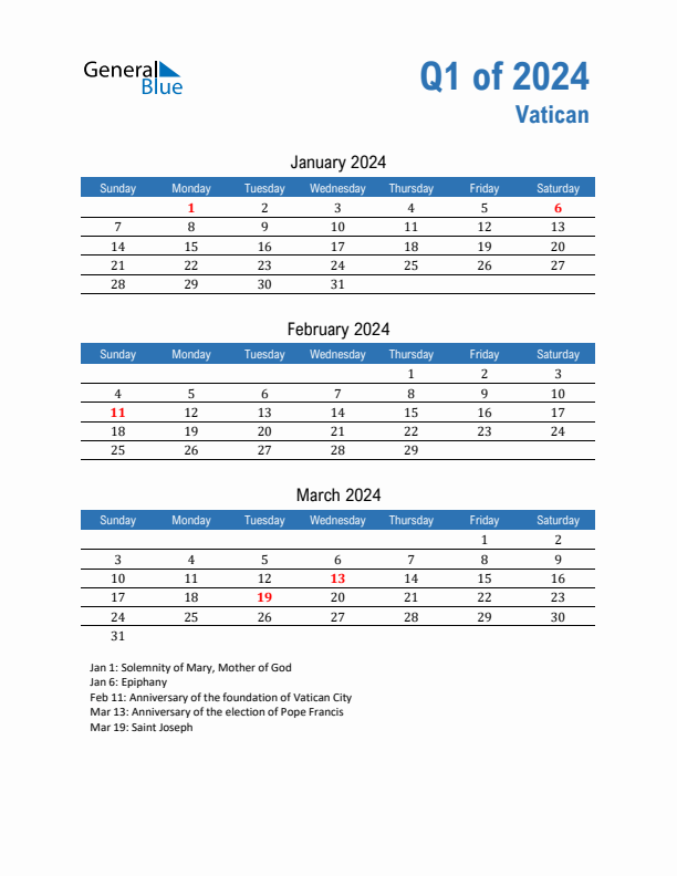 Vatican Q1 2024 Quarterly Calendar with Sunday Start