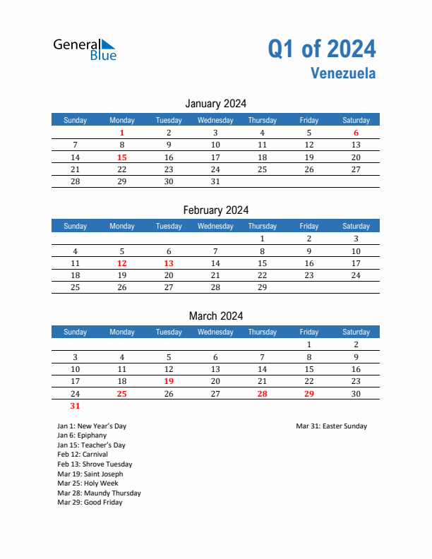 Venezuela Q1 2024 Quarterly Calendar with Sunday Start