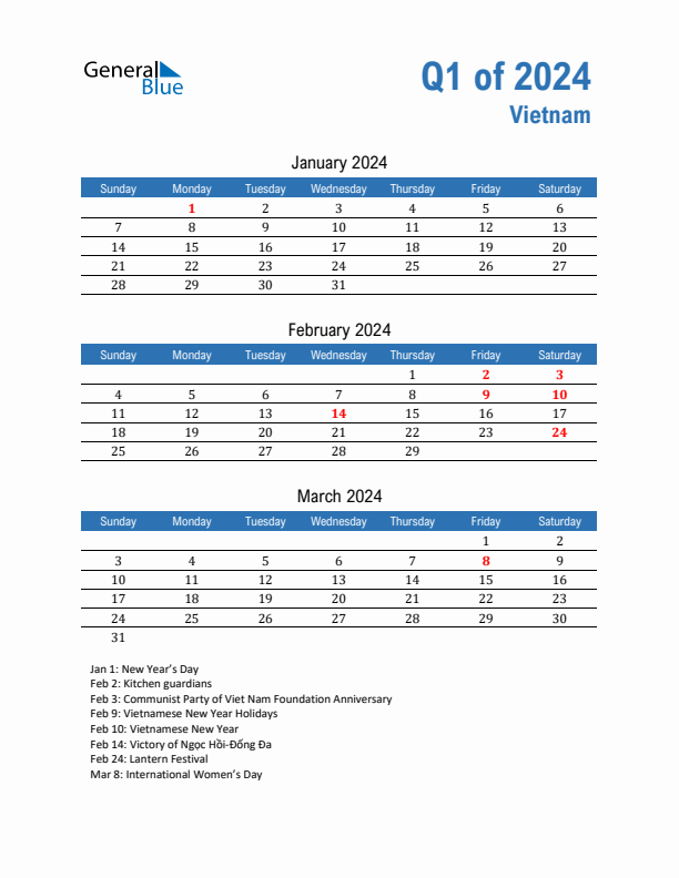 Vietnam Q1 2024 Quarterly Calendar with Sunday Start