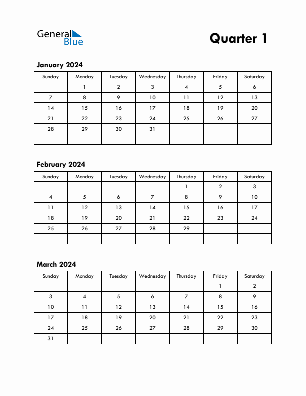 Quarter 1 2024 Calendar - Sunday Start