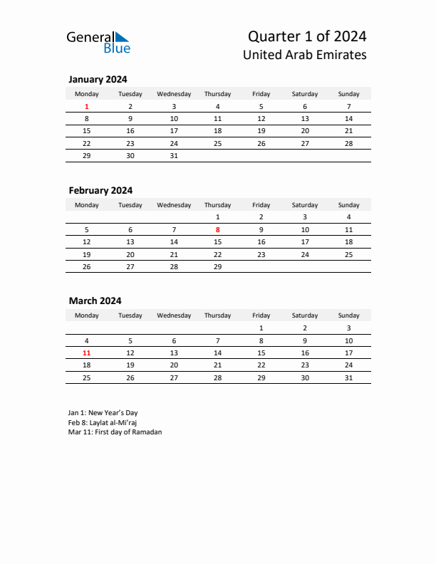 2024 Q1 Three-Month Calendar for United Arab Emirates