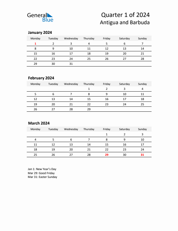 2024 Q1 Three-Month Calendar for Antigua and Barbuda