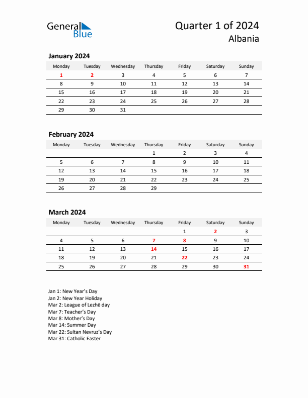 2024 Q1 Three-Month Calendar for Albania