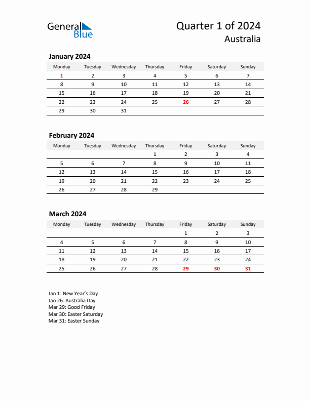 2024 Q1 Three-Month Calendar for Australia