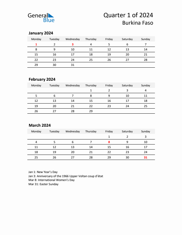 2024 Q1 Three-Month Calendar for Burkina Faso