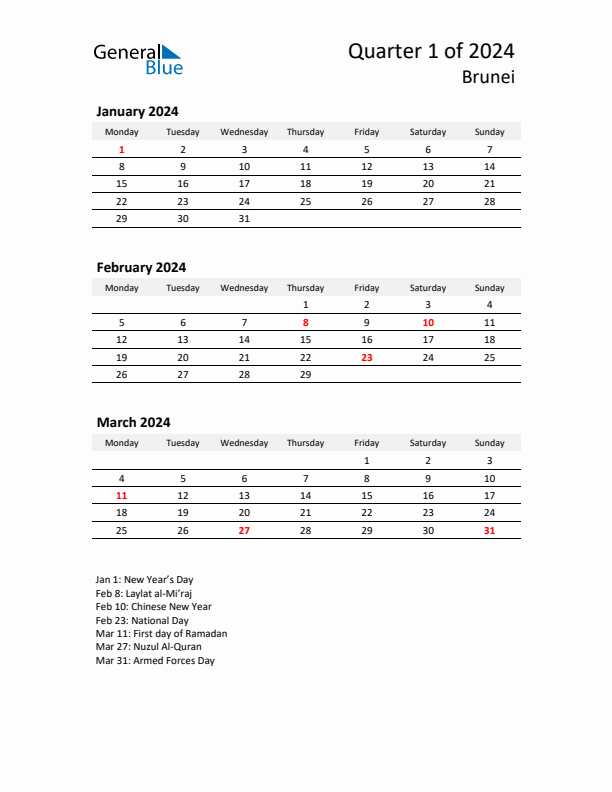 2024 Q1 Three-Month Calendar for Brunei