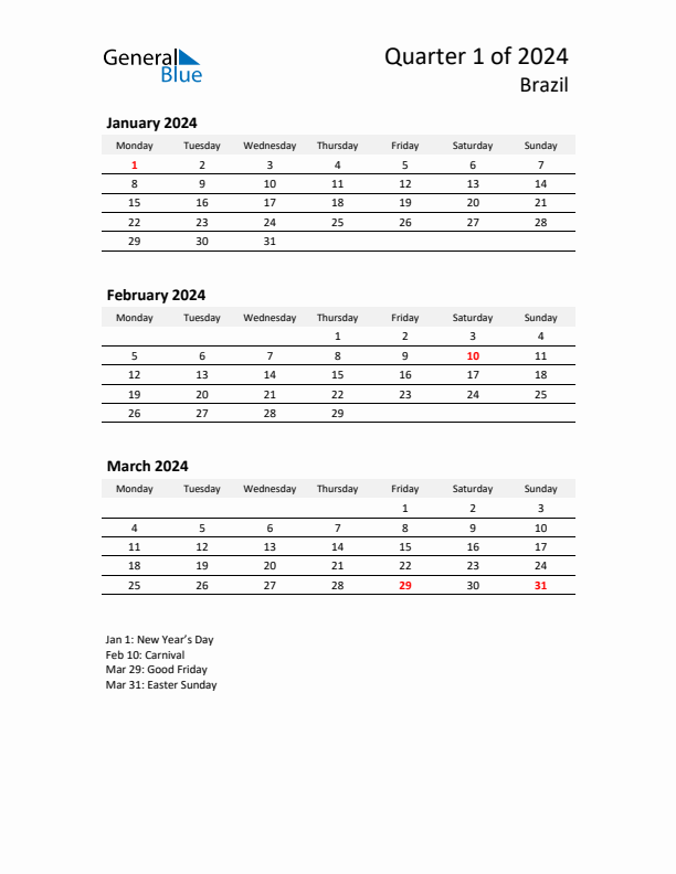 2024 Q1 Three-Month Calendar for Brazil