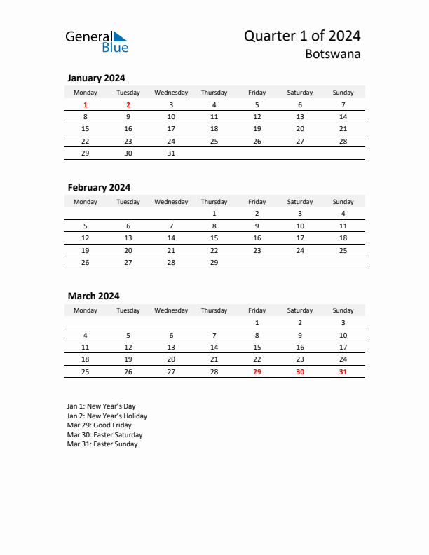 2024 Q1 Three-Month Calendar for Botswana